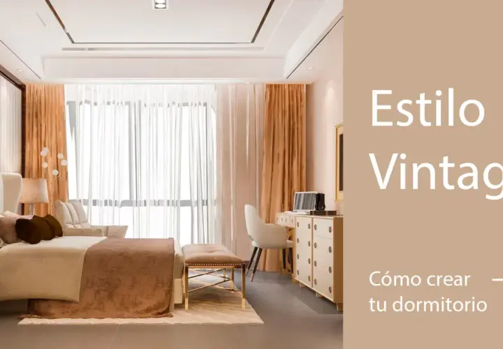 Elegante habitación vintage con cama confortable, tocador y silla de escritorio. Tonos cálidos y luz suave crean un ambiente acogedor.
