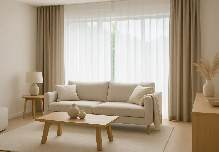 Sofá beige y cortinas de lino, un ejemplo de las últimas tendencias cortinas salón. Tonos neutros y luz natural.