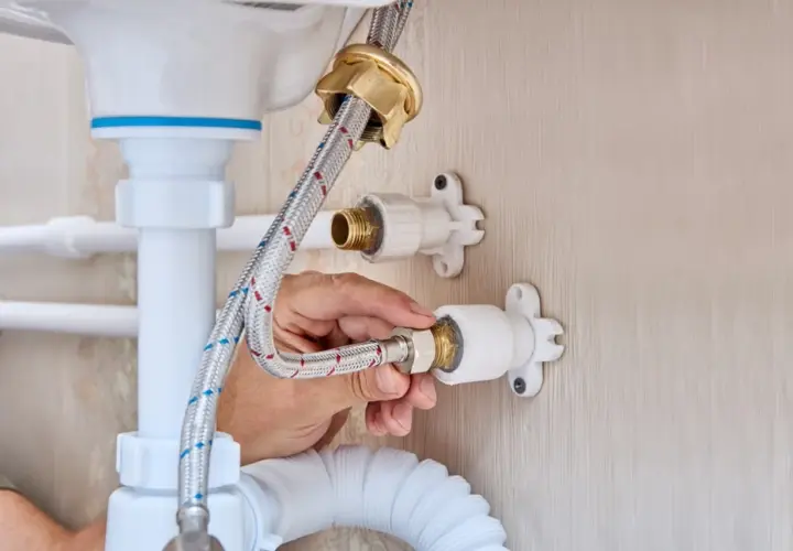 Mano ajustando la conexión de una manguera a la llave de paso de agua general, parte de la fontanería de un lavabo.