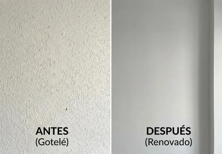 Antes y después de tapar gotelé con placas de pladur. Pared con textura rugosa vs. pared lisa y renovada.