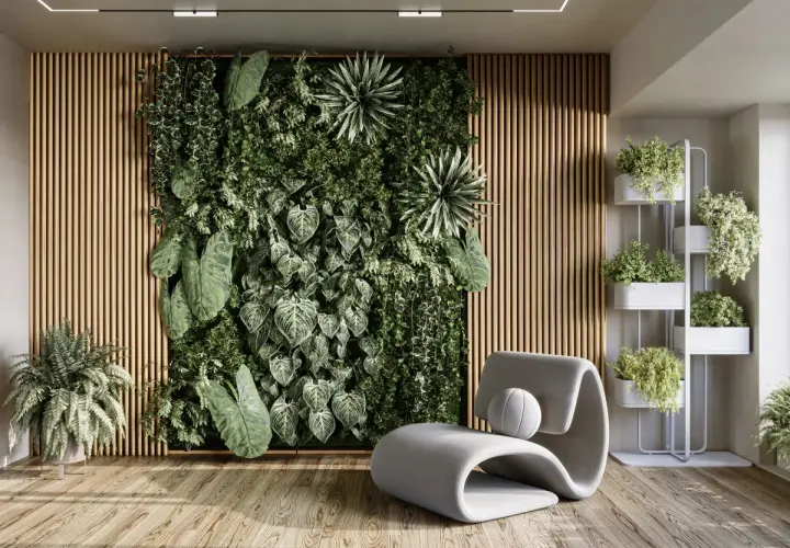 Un jardín vertical exuberante y una estantería con plantas crean un oasis natural. Una silla moderna invita a relajarse y admirar la belleza de decorar pared con plantas.