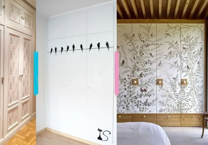 Armarios con diseños florales y de pájaros para forrar armario por dentro. Un gato negro decora uno de ellos.