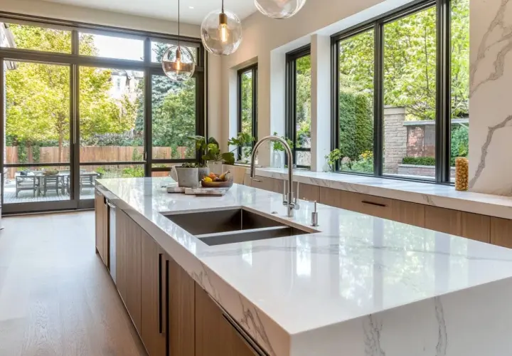 Moderna cocina con isla central de mármol, gabinetes de madera y grandes ventanales que dan a un jardín exuberante.