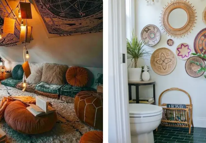 Un rincón acogedor con cojines, alfombras y luces cálidas, junto a un baño decorado con cestas y espejos, creando un estilo boho casa.