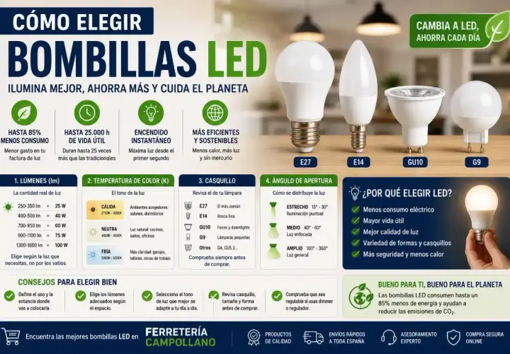 Guía para elegir bombillas LED: tipos de bombillas (E27, E14, GU10, G9), lúmenes, temperatura de color y ángulo de apertura.