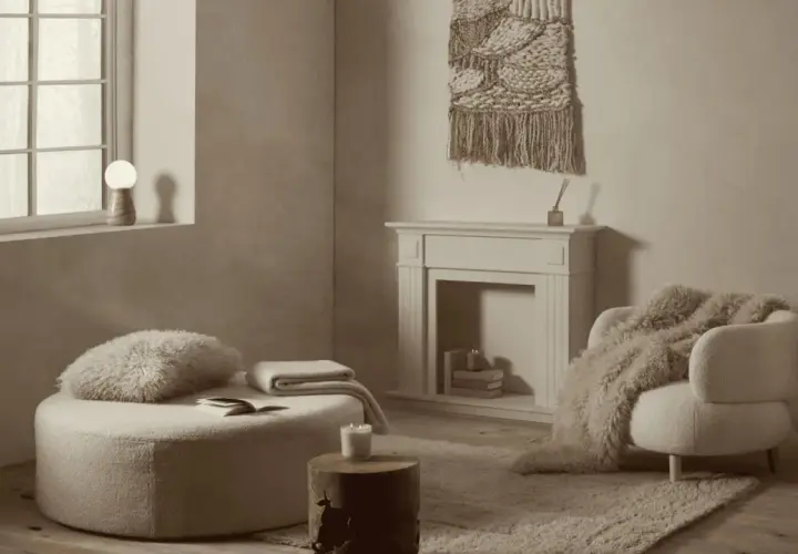 Acogedor rincón de lectura en una casa estilo nórdico, con un puf mullido, sillón con manta de pelo y chimenea decorativa.
