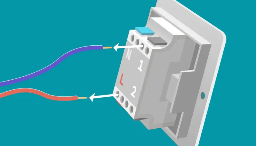 Diagrama para saber como cambiar un interruptor de luz, mostrando la conexión de cables a los terminales N, L, 1 y 2.