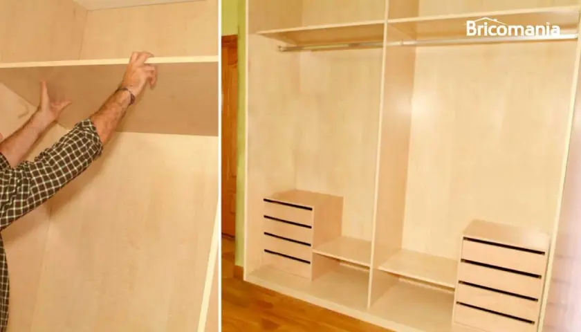 Man installing a shelf in a wooden closet, showing how to make a built-in wardrobe.