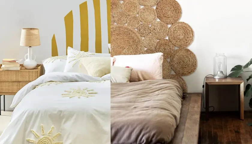 Dos ideas para hacer un cabecero: uno pintado con rayas amarillas y otro decorado con discos de yute.