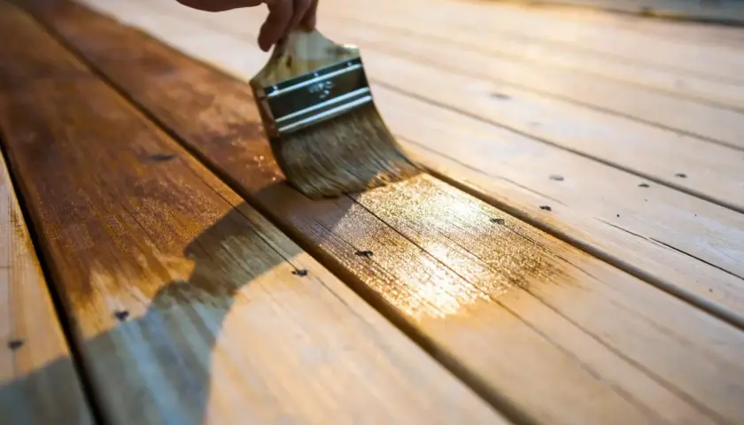 Aplicando barniz sobre barniz sin lijar, una mano de protección para la madera.