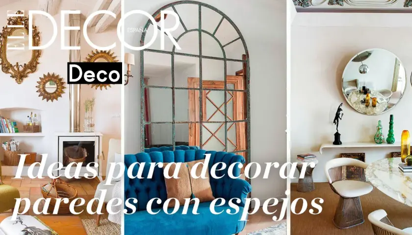 Ideas para decorar paredes con espejos: un espejo antiguo dorado, uno industrial y uno redondo moderno.
