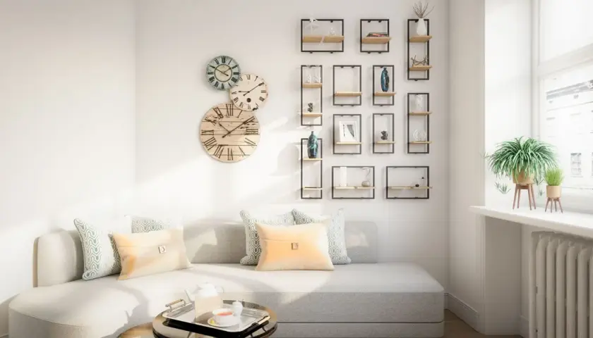 Acogedora sala de estar pequeña con sofá gris, cojines color crema y menta, y una pared decorada con relojes y estanterías flotantes.
