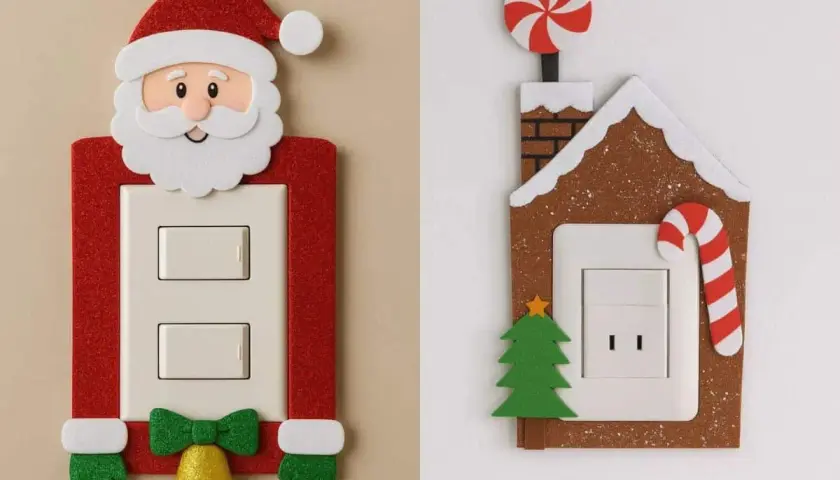 Ideas para decorar interruptores de la luz con motivos navideños: un Papá Noel y una casita de jengibre.