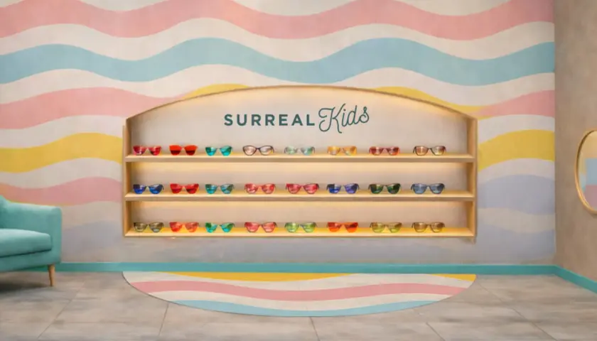 Estantería con varios tipos de vinilo de gafas de sol infantiles en colores vibrantes, con un sillón turquesa y un fondo de ondas pastel.