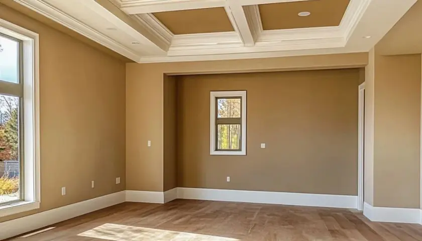 Habitación vacía con paredes color caramelo, techo artesonado blanco y suelo de madera. Ideal para empezar a pensar como pintar una habitacion.