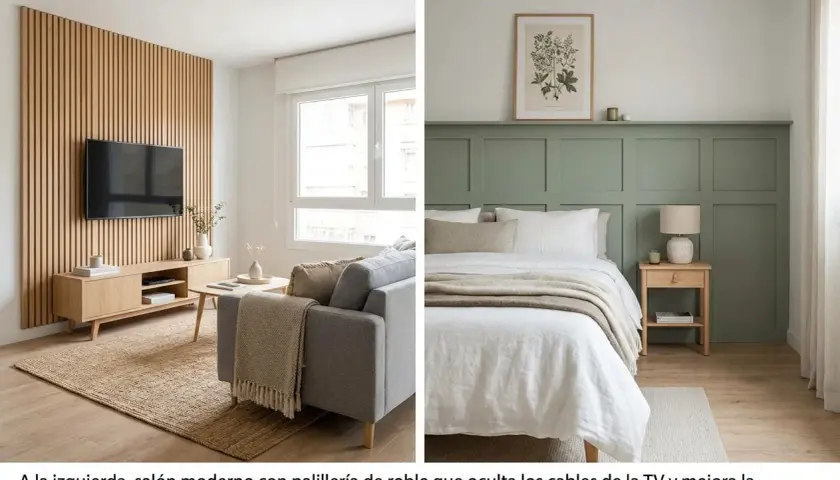 Salón con pared de lamas de madera y dormitorio con panelado verde, mostrando dos tipos de paredes.