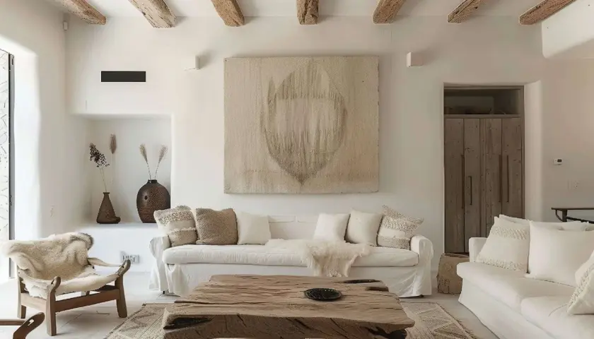 Salones ibicencos con vigas de madera, sofás blancos, mesa de centro rústica y sillón de borrego.