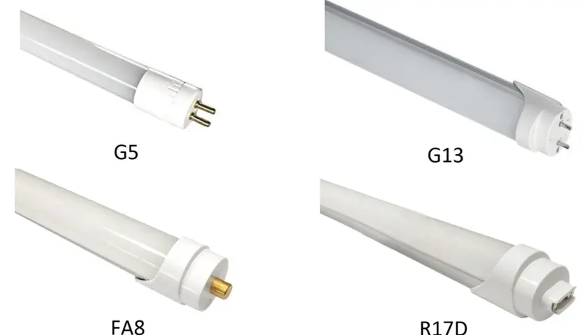 Cuatro bombillas largas: G5, G13, FA8 y R17D, cada una con su conector distintivo.