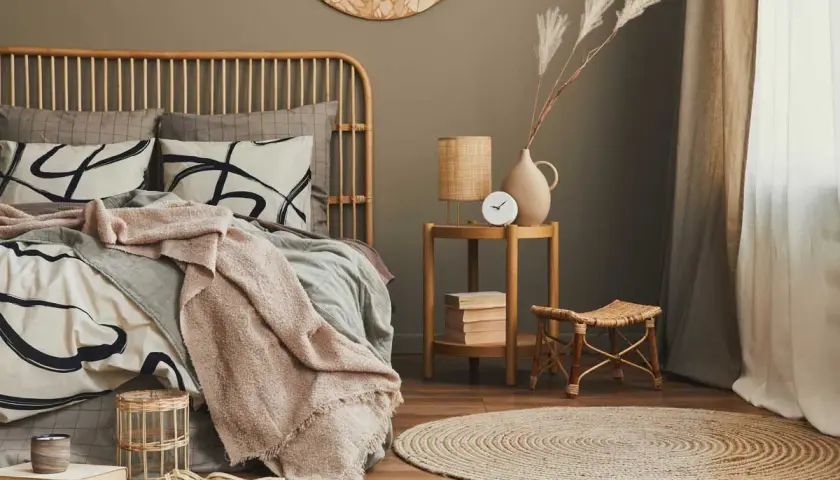 Ideas como decorar una habitación de matrimonio moderna: cama de ratán, ropa de cama con estampado abstracto, manta rosa, alfombra redonda de yute y mesa auxiliar de madera.