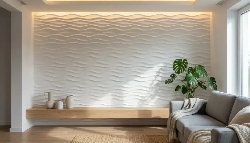 Pared con paneles 3D ondulados, un estante de madera con jarrones y un sofá gris. Una idea moderna para como panelar una pared.