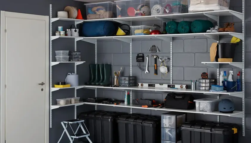 Estanterías metálicas con cajas, herramientas y botas. Una guía visual para saber como organizar un trastero de forma eficiente.