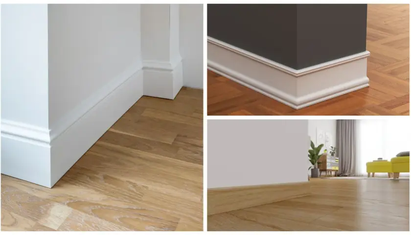 Detalles de zócalo casa: molduras blancas y de madera en esquinas y paredes, sobre suelos de parquet.