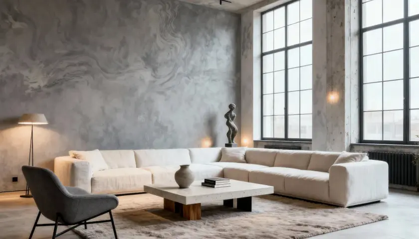 Elegante salón con sofá modular blanco, alfombra mullida y una pared con textura de mármol, ofreciendo inspiradoras soluciones para cubrir paredes.