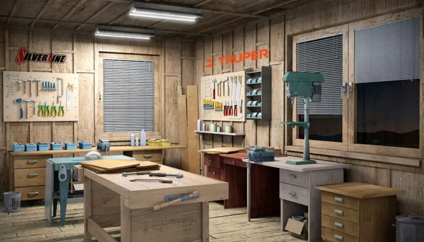 Un taller bricolaje bien equipado con herramientas colgadas, bancos de trabajo y una taladradora de columna.