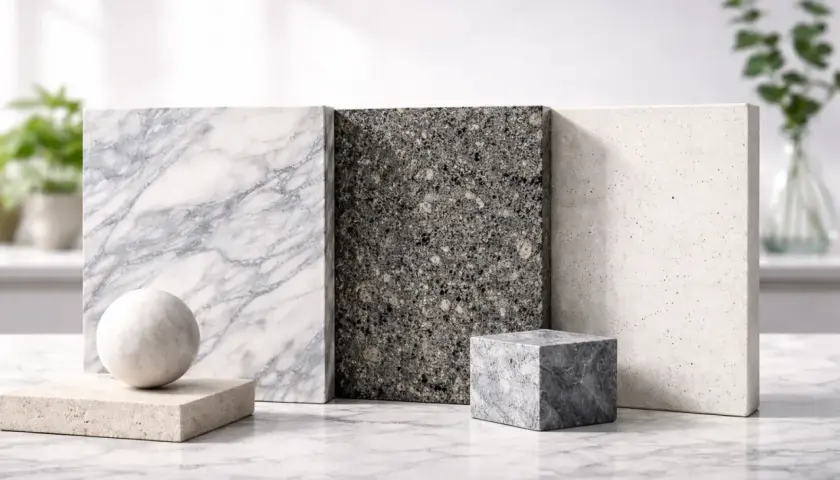 Muestras de piedra: mármol veteado, granito oscuro y piedra clara. Observa la diferencia entre granito y mármol en sus texturas.