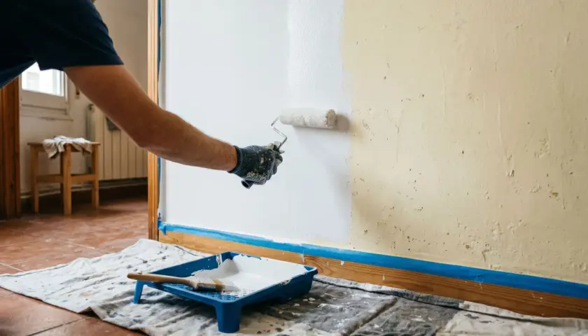 Hombre con guantes pinta pared de blanco con rodillo. Bandeja con pintura y brocha lista para seguir como pintar paredes.