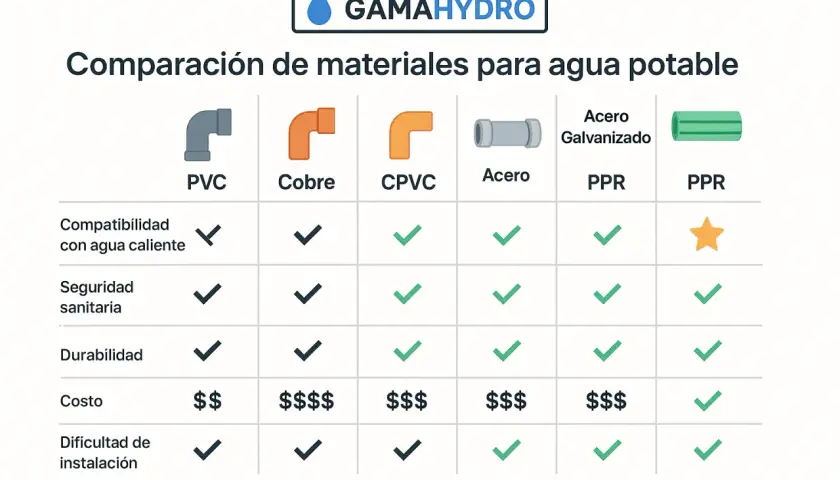 Tabla comparativa de tipos de tuberías para agua potable: PVC, Cobre, CPVC, Acero, PPR. Evalúa compatibilidad, seguridad, durabilidad, costo e instalación.
