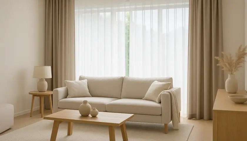 Sofá beige y cortinas de lino, un ejemplo de las últimas tendencias cortinas salón. Tonos neutros y luz natural.