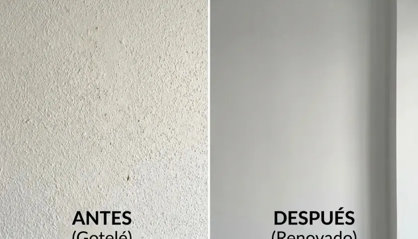 Antes y después de tapar gotelé con placas de pladur. Pared con textura rugosa vs. pared lisa y renovada.
