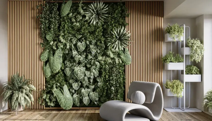 Un jardín vertical exuberante y una estantería con plantas crean un oasis natural. Una silla moderna invita a relajarse y admirar la belleza de decorar pared con plantas.