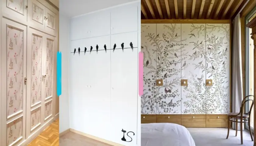 Armarios con diseños florales y de pájaros para forrar armario por dentro. Un gato negro decora uno de ellos.