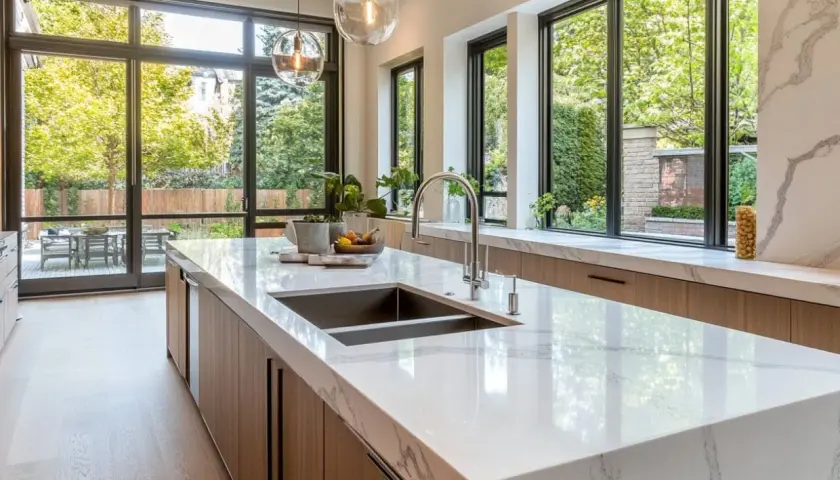 Moderna cocina con isla central de mármol, gabinetes de madera y grandes ventanales que dan a un jardín exuberante.