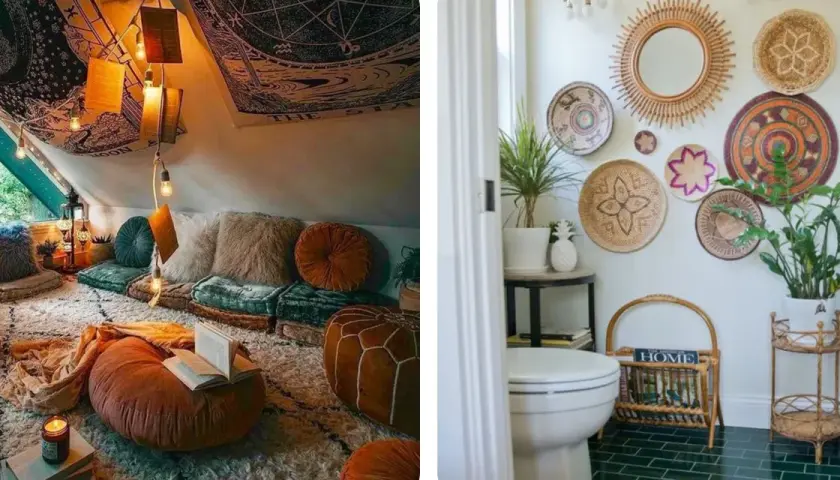 Un rincón acogedor con cojines, alfombras y luces cálidas, junto a un baño decorado con cestas y espejos, creando un estilo boho casa.