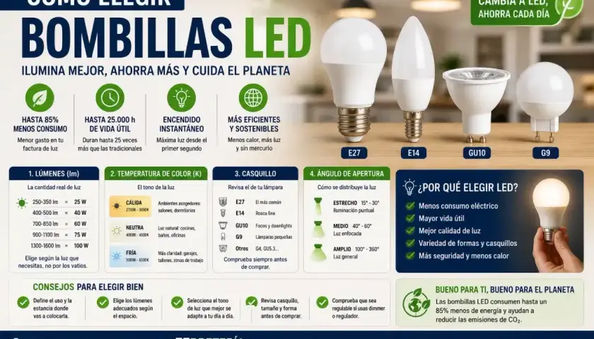 Guía para elegir bombillas LED: tipos de bombillas (E27, E14, GU10, G9), lúmenes, temperatura de color y ángulo de apertura.