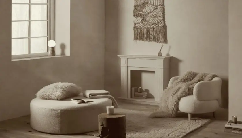 Acogedor rincón de lectura en una casa estilo nórdico, con un puf mullido, sillón con manta de pelo y chimenea decorativa.