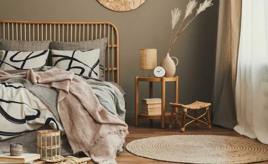Dormitorio de matrimonio moderno con madera y piedra natural