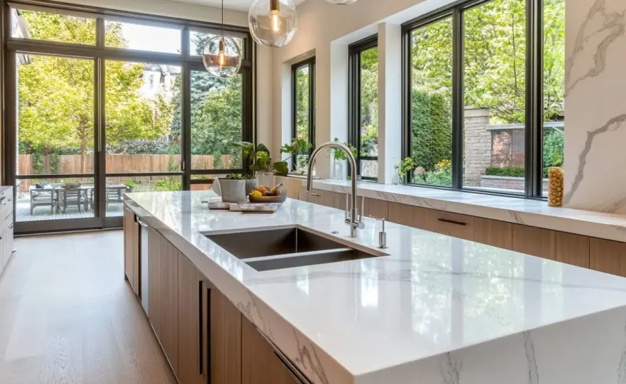 Cocina con isla y piedra natural - medidas clave y materiales