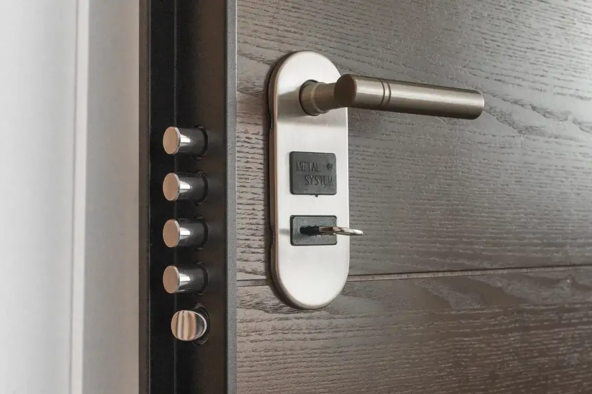 Detalle de una puerta de seguridad con múltiples cerrojos y un cilindro con llave, mostrando varios tipos de cerraduras para protección.