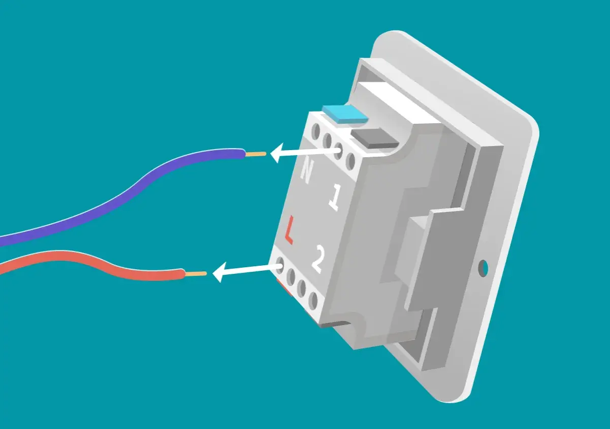 Diagrama para saber como cambiar un interruptor de luz, mostrando la conexión de cables a los terminales N, L, 1 y 2.