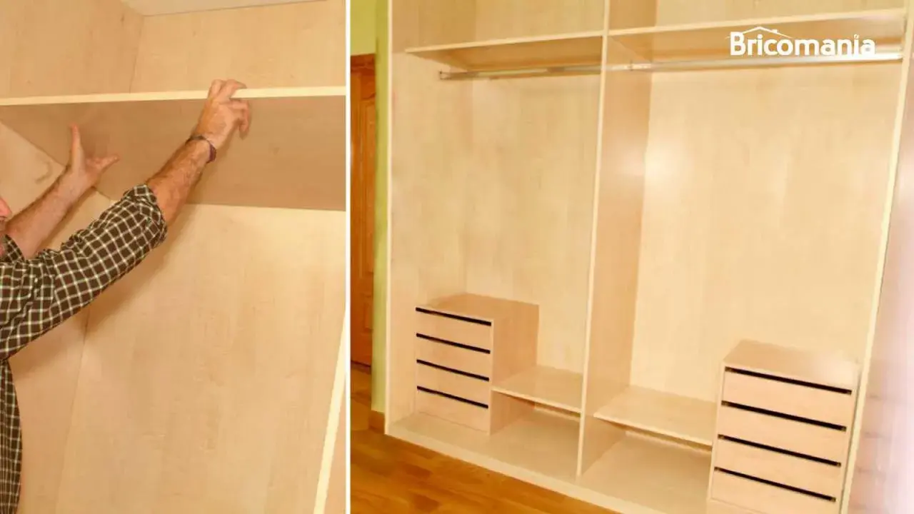 Man installing a shelf in a wooden closet, showing how to make a built-in wardrobe.