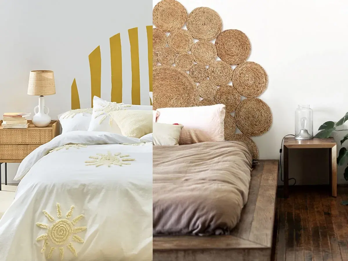 Dos ideas para hacer un cabecero: uno pintado con rayas amarillas y otro decorado con discos de yute.