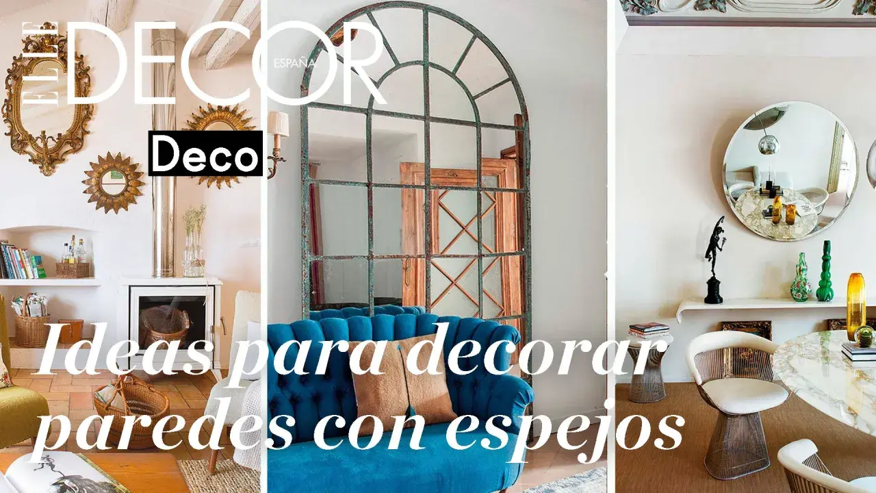 Ideas para decorar paredes con espejos: un espejo antiguo dorado, uno industrial y uno redondo moderno.
