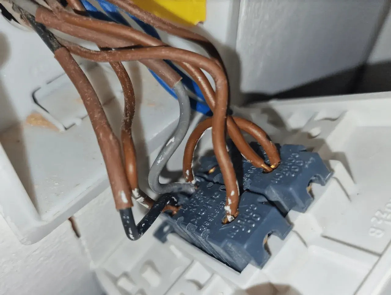 Cableado de un interruptor bipolar con cables marrones y grises conectados.
