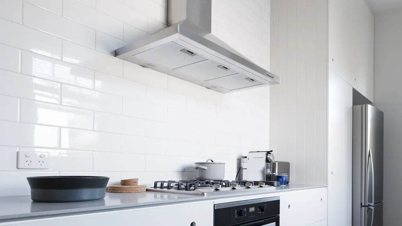 Cocina moderna con campana extractora de acero inoxidable, una de las muchas tipos de campanas extractoras. Encimera gris, vitrocerámica y nevera.