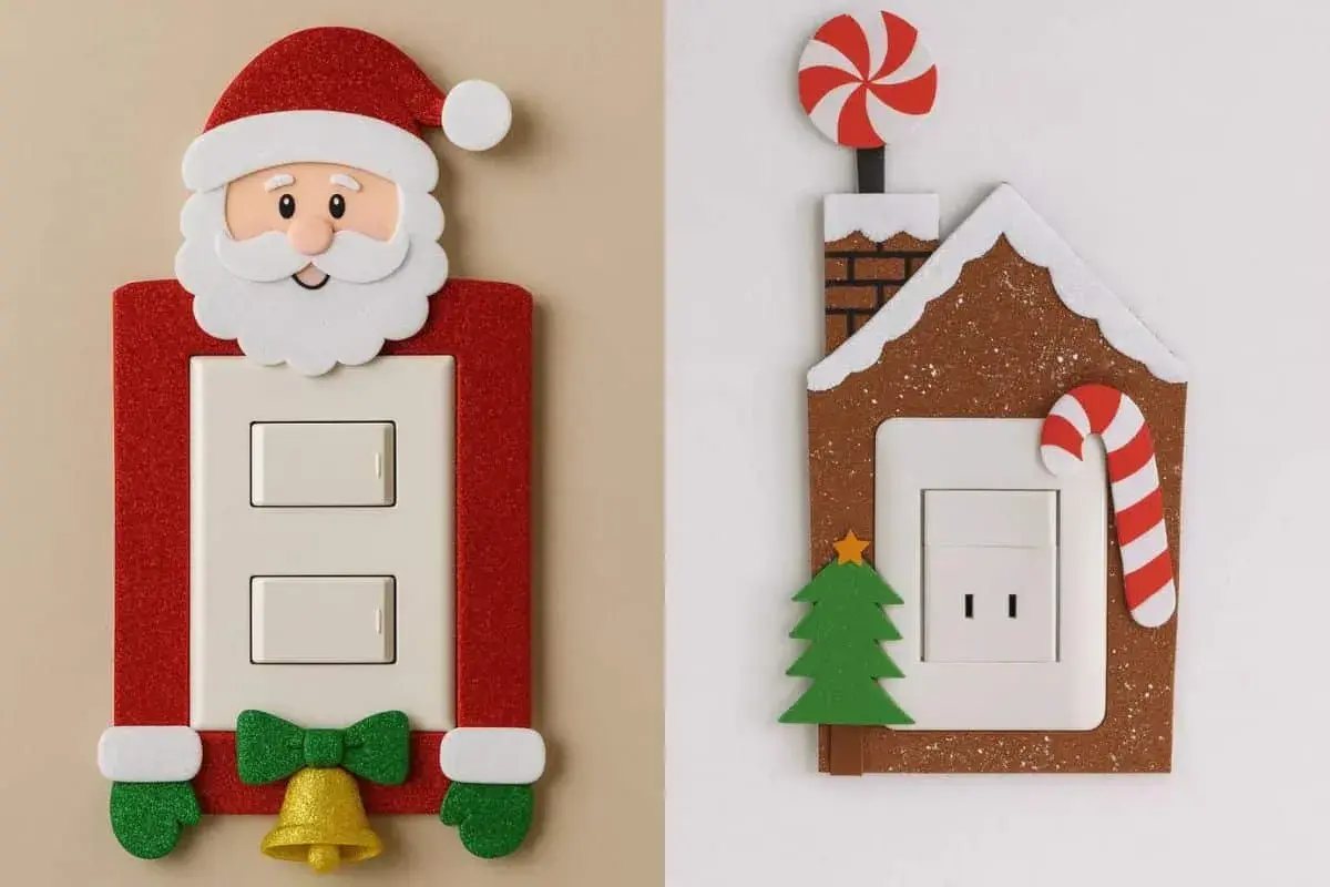 Ideas para decorar interruptores de la luz con motivos navideños: un Papá Noel y una casita de jengibre.
