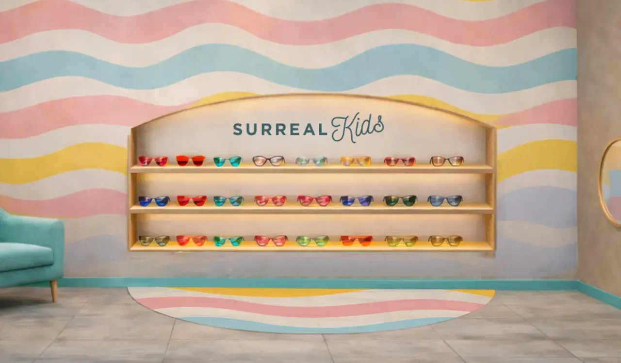 Estantería con varios tipos de vinilo de gafas de sol infantiles en colores vibrantes, con un sillón turquesa y un fondo de ondas pastel.